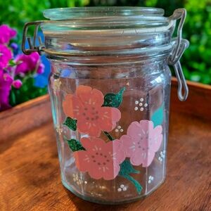 Vtg Sealing Clear Glass Pink Flower 🌸  Hand Painted Apothecary Canister Jar